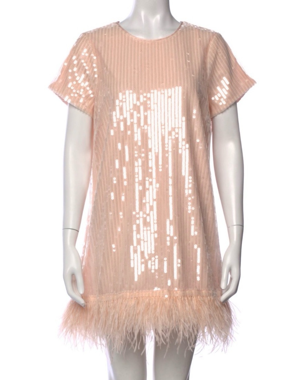 LIKELY pink Sequin Shift Dress with Feather Hem
